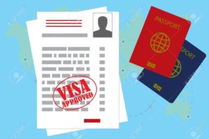 visa approved blank or work permit and passport. Flat design, vector illustration