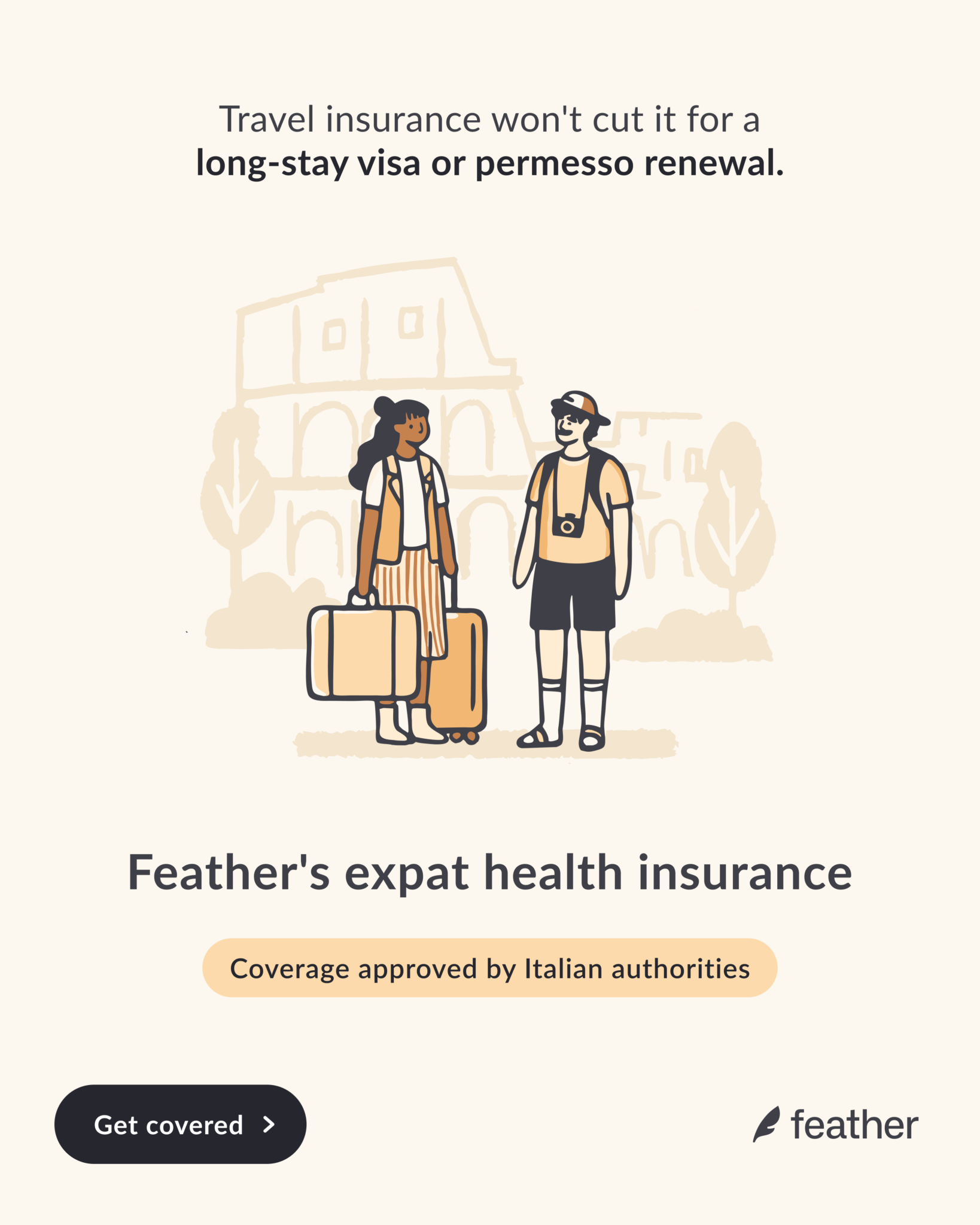 Feather expat health insurance in Italy approved for visa and permesso di soggiorno renewal
