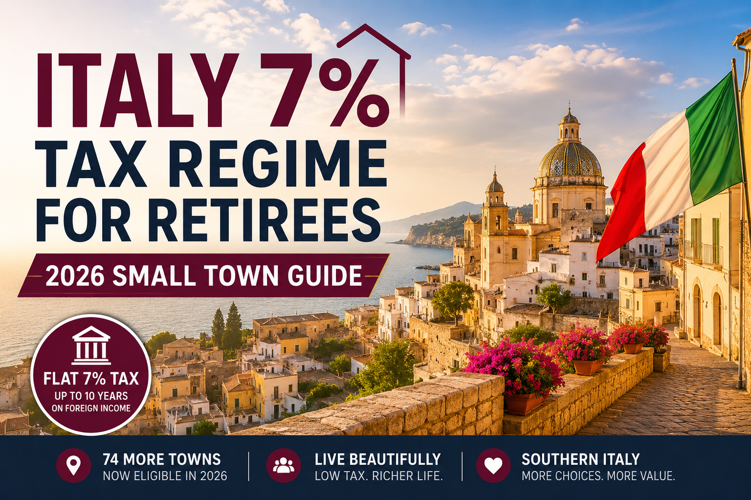 Italy 7% tax regime for retirees guide showing small Italian town